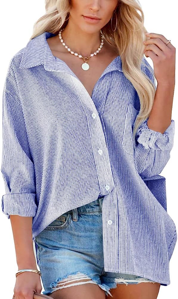 Flowyair Women's Long Sleeve Button Down Shirts Casual Oversized V Neck Blouse Loose Fit Striped Top | Amazon (US)