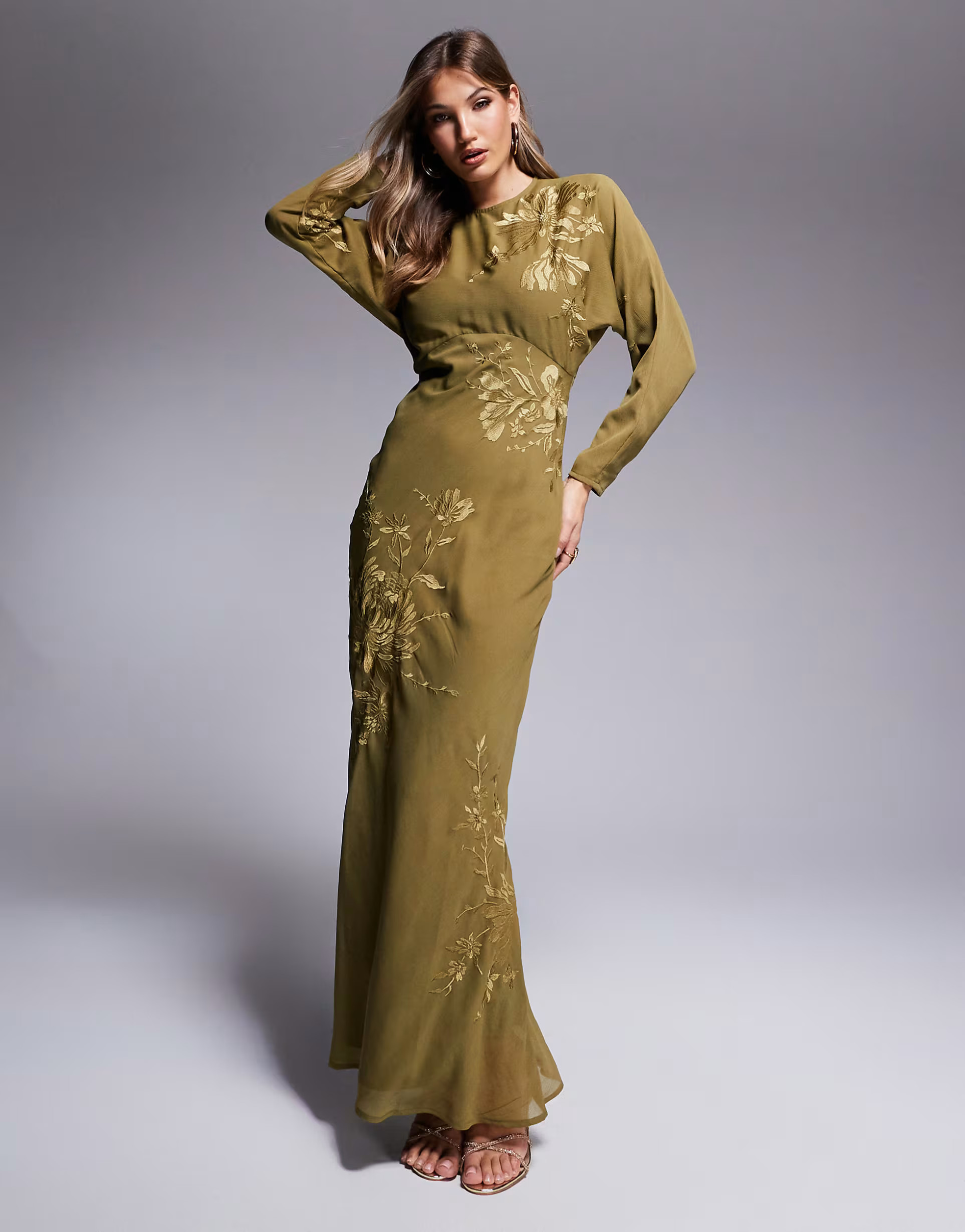 ASOS DESIGN floral embroidered batwing bias maxi dress in olive green | ASOS (Global)