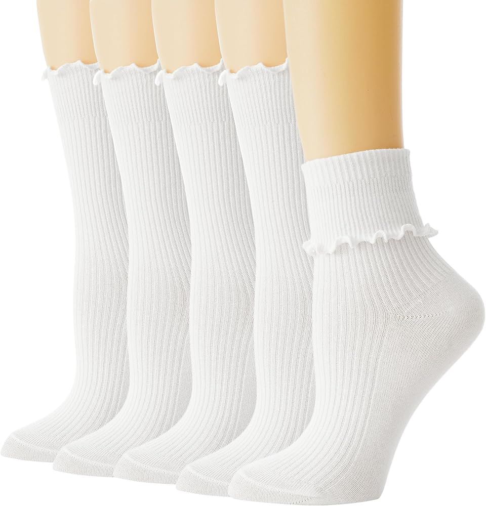 BISOUSOX Womens Ruffle Socks, White Frilly Socks for Women Turn-Cuff Lettuce Edge Cute Ankle Crew... | Amazon (US)