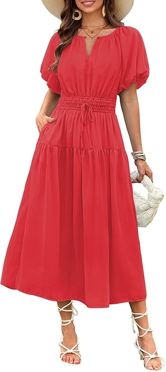 Angashion Women Summer Casual Dress: Short Puff Sleeve High Waisted V Neck Lined Flowy Midi Dress... | Amazon (US)