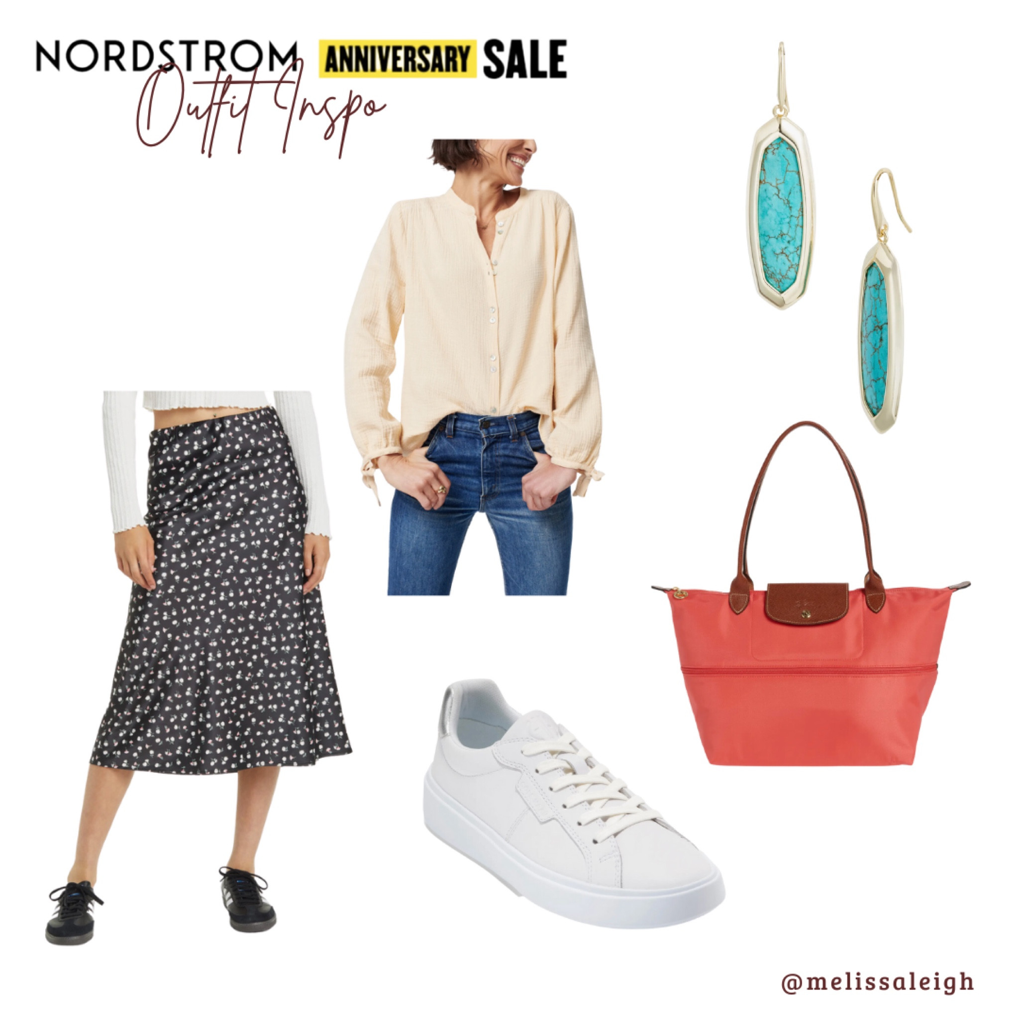 Nordstrom anniversary sale, Nordstrom, Nordstrom sale, n sale 2023, sale finds, fall fashion, fall style, causal Outfit, teacher outfit, gauze button down blouse, a line midi skirt, white sneakers, longchamp tote bag, kendra Scott turquoise earrings 

#LTKBacktoSchool #LTKxNSale #LTKworkwear