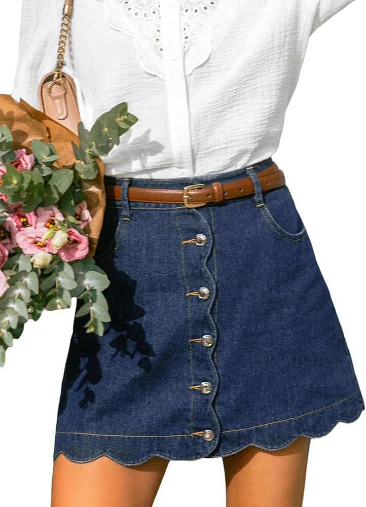 CUPSHE Women’s Denim Mini Skirt Button Front A-Line Jean High Waist Scalloped Hem Casual Outfit... | Amazon (US)