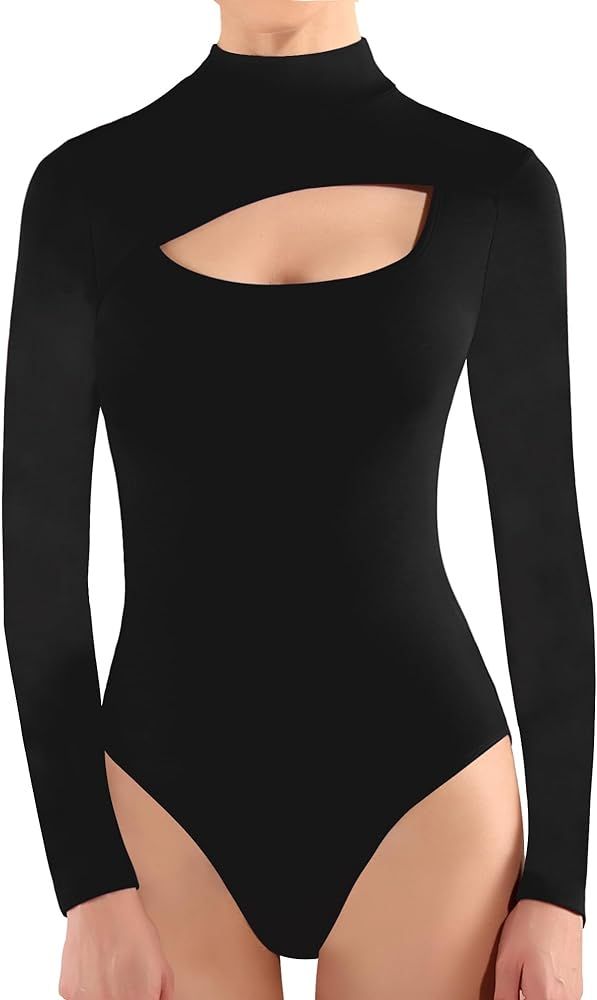 MANGOPOP Mock Turtleneck Cutout Bodysuits for Women Long Sleeve Tops Sexy | Amazon (US)