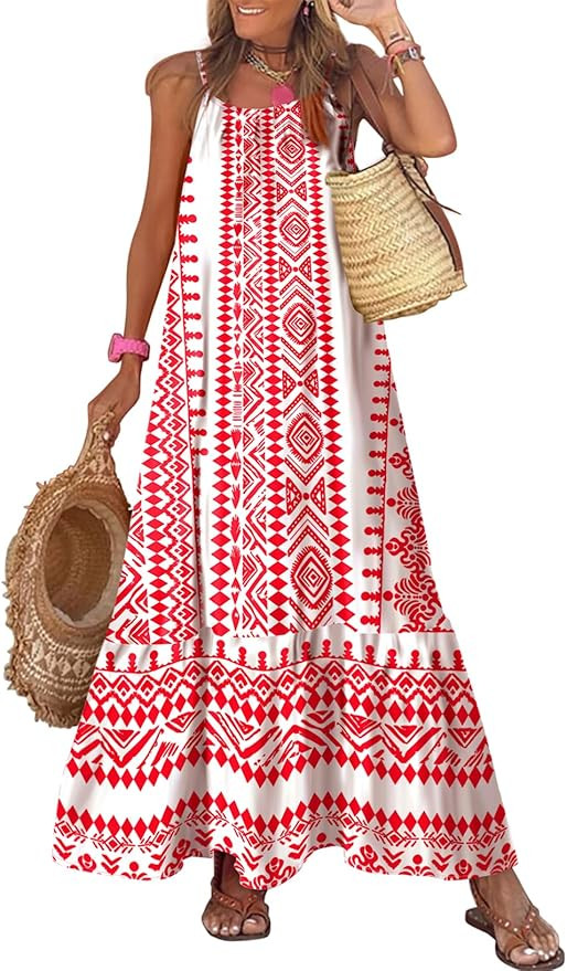 Dokotoo Women Summer Dresses 2025 Spaghetti Strap Scoop Neck Smocked Ruffle Flowy Boho Maxi Dress | Amazon (US)