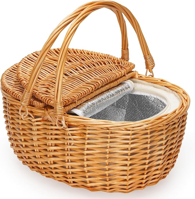 ZORMY Picnic Basket with Insulated Cooler & Lids, Wicker Picnic Basket, Vintage-Style Picnic Hamp... | Amazon (US)