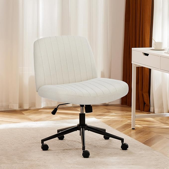 Sweetcrispy White Office Chair | Fabric | Modern, Vanity | Swivel, Wheels | Wide | Criss Cross, L... | Amazon (US)
