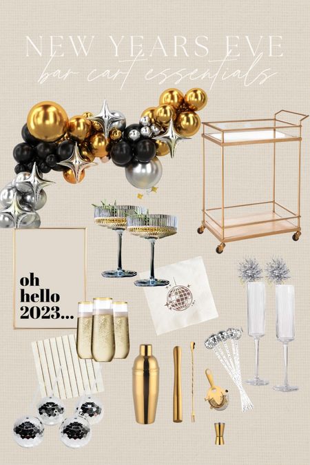 Bar cart for New Year’s Eve #newyears #glassware #cocktailglasses #barware #champagneglasses #discoparty #2023 #nye #goldbarcart #barcart 

#LTKHoliday #LTKsalealert #LTKhome
