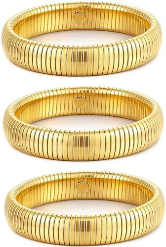 Gold Bangles for Women Set of 3 Chunky Stretch Bangles Bracelets 24K Gold Plated Stainless Steel ... | Amazon (US)