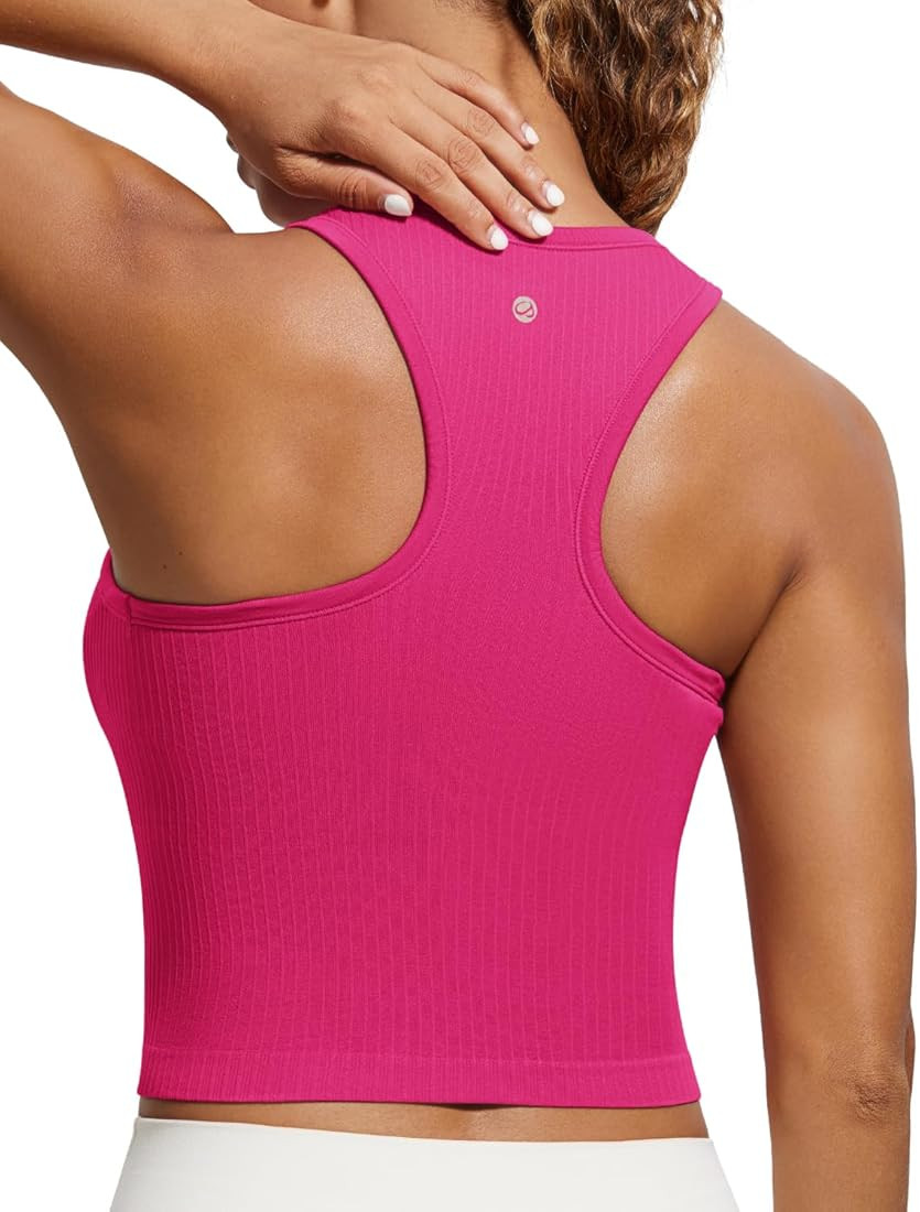 CRZ YOGA Womens Seamless Ribbed Longline High Neck Sports Bra - Racerback Padded Slim Fit Crop Ta... | Amazon (US)