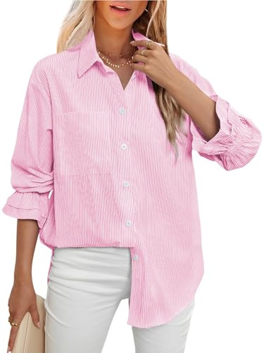 LEMAFER Women's Smocked Cuffed Stripe Boyfriend Button Down Shirts 2025 Collared Ruffle Sleeve Dressy Casual Top with Pockets | Amazon (US)