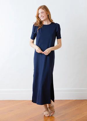 Evelyn Puff Sleeve Dress in Double Jersey (Navy) | Dudley Stephens
