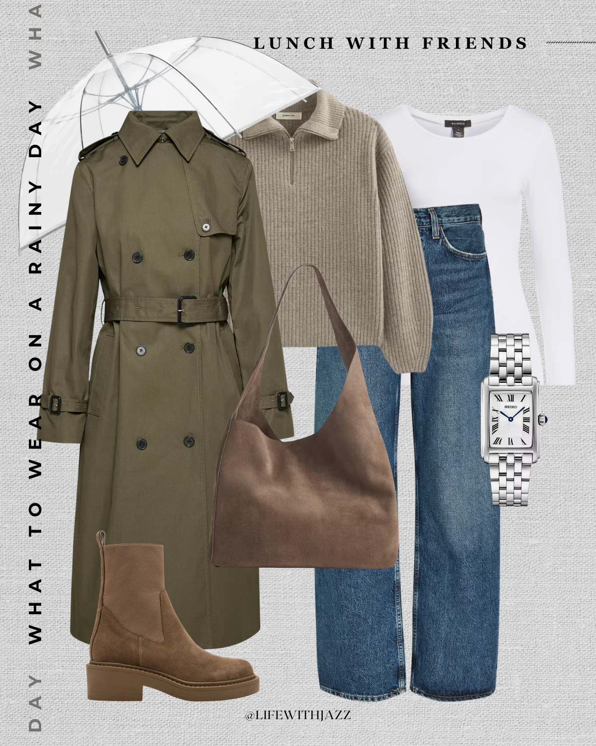 rainy day outfit inspo 

aritzia trench coat / everlane half zip sweater / long sleeve / agolde jeans / quince suede tote / tan lug sole waterproof boots / silver seiko watch 

 

#LTKootd