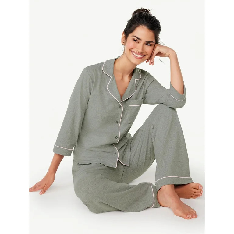 Joyspun Women’s Cotton Blend Notch Collar Top and Pants Pajama Set, 2-Piece, Sizes S-4X | Walmart (US)