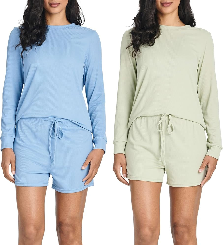 Real Essentials 2 Pack: Women's Ribbed Knit Long Sleeve Top and Shorts Pullover Lounge Pajama Set... | Amazon (US)