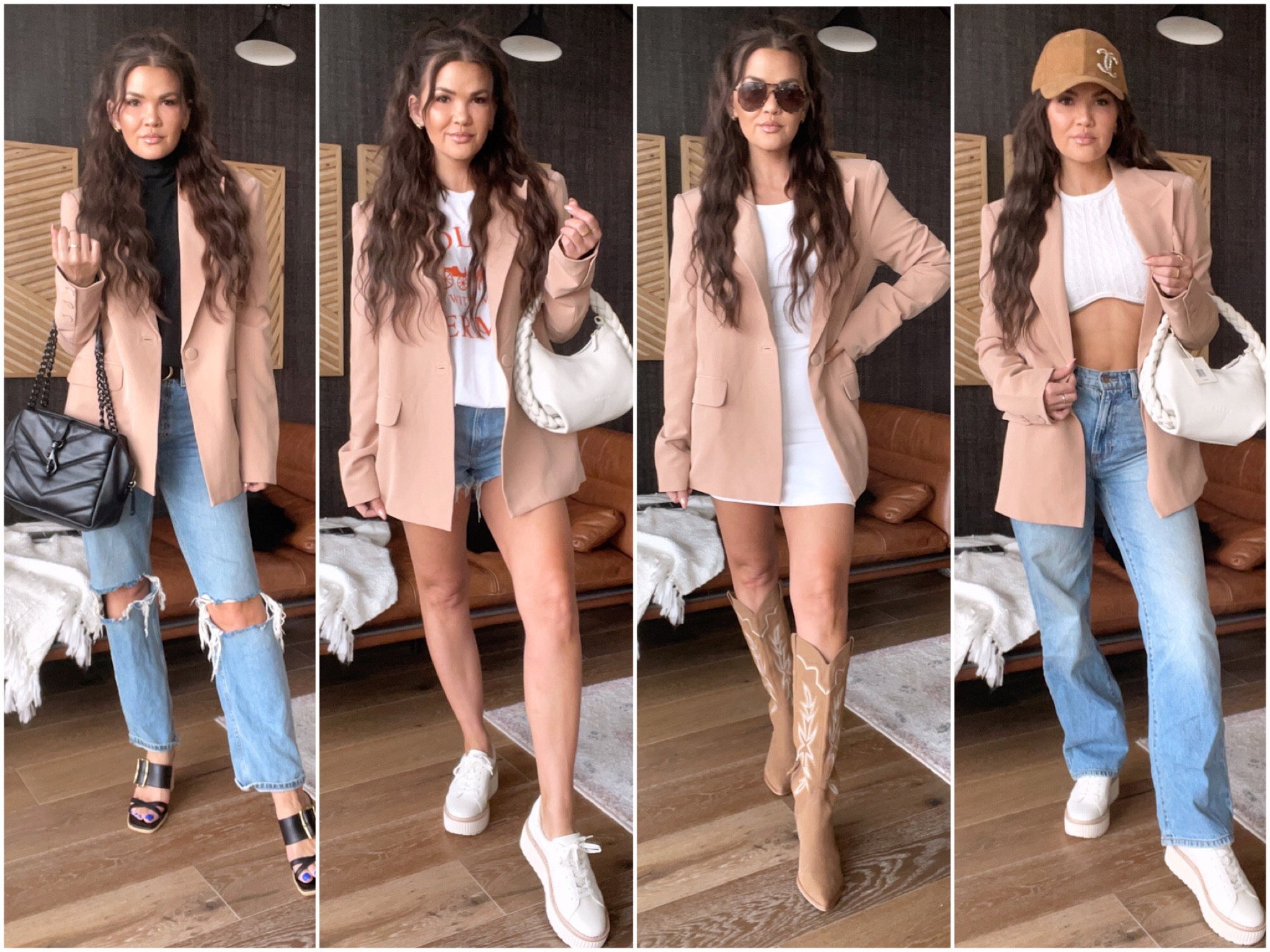 Camila Coelho Morena Blazer - 4 Ways for Spring 

Outfit 1: Destroyed Dad Jeans, Dolce Vita Heels, and Rebecca Minkoff Edie Bag

Outfit 2: Graphic Tee, Denim shorts, Dolce Vita Tiger sneakers & Dolce Vita Bag 

Outfit 3: White tank dress, Sojos Sunglasses, and Dolce Vita Shiren Boots 

Outfit 4: Dad Jeans, Crop top, baseball cap, Dolce Vita Tiger sneakers & Dolce Vita Bag 

#LTKstyletip #LTKitbag #LTKshoecrush