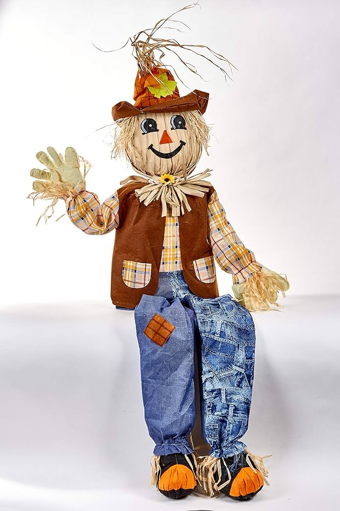 Worth Imports 60" Life Size Harvest Sitting Scarecrow, Blue, Brown, Yellow, Cream, Black, Orange | Amazon (US)