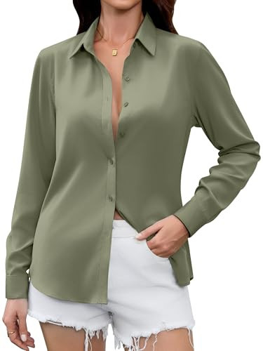 Green Blouses for Women Dressy Casual Olive Shirt Tops Business Button Down Womens Blouse Gold Dresses Up Shirts Elegant Formal Sage Dress Camisas Satin Emerald Long Sleeve Pewter Green XS | Amazon (US)