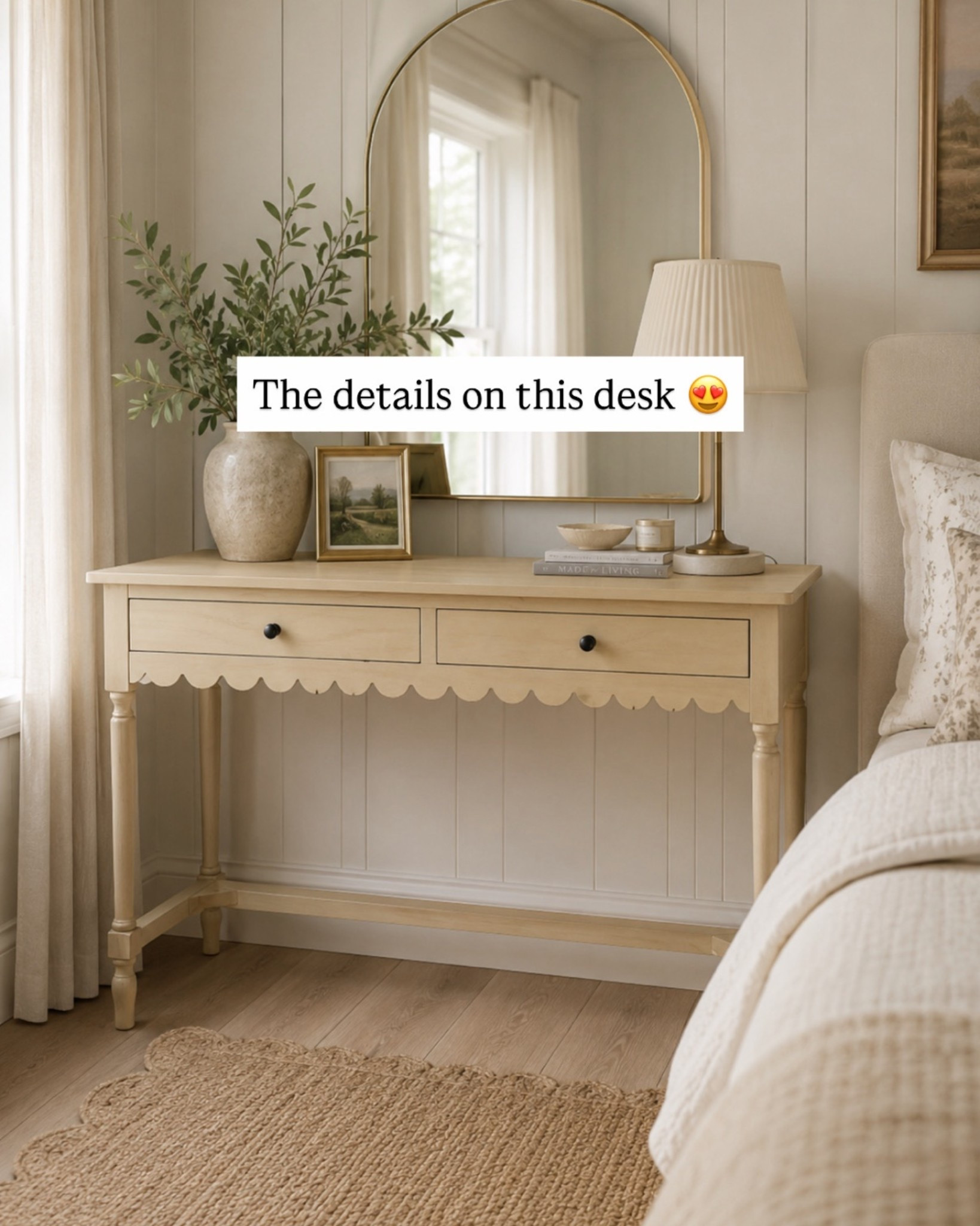 This scalloped console table is such a pretty addition to a cozy bedroom! 🤍 I love the turned legs and sweet scalloped detail—it adds so much character while still feeling timeless. Perfect for an entryway, bedroom, or even behind a sofa. ✨

#LTKHome #LTKSaleAlert