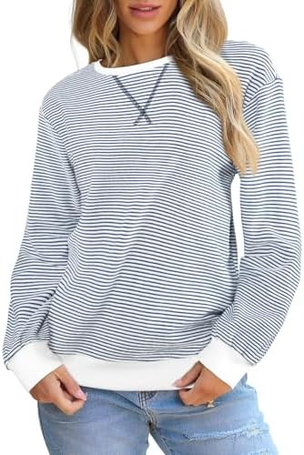 SHEWIN Womens Striped Sweatshirt Crewneck Casual Long Sleeve Pullover Tops Trendy 2025 | Amazon (US)