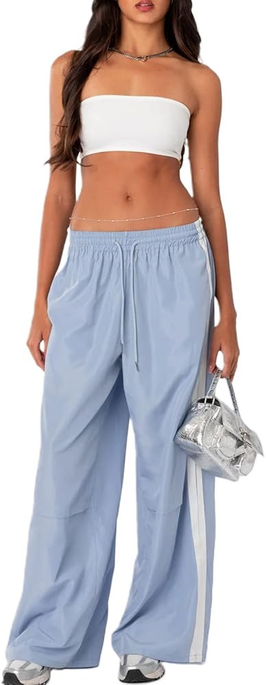 Track Pants Women Baggy Pants Drawstring Waist Striped Wide Leg Cargo Trousers Loose Parachute Y2... | Amazon (US)