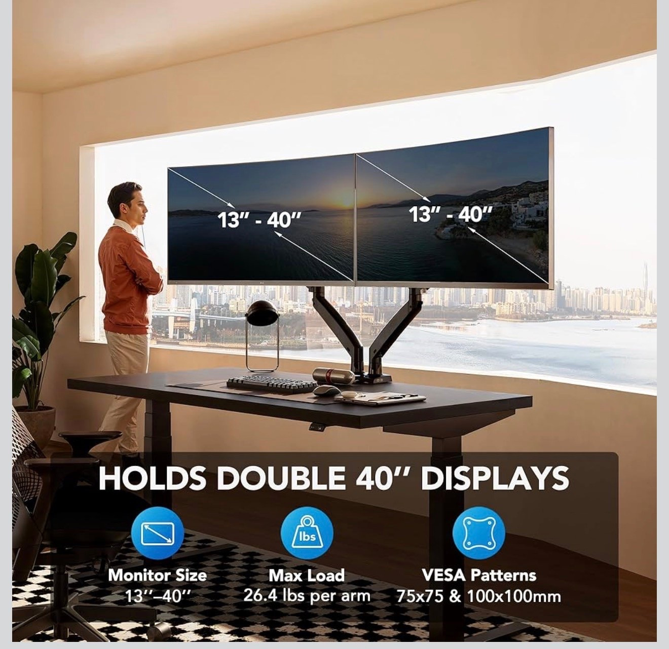 Perfect Desk Organizer: This monitor arms for 2 monitors free up more valuable desktop space, allowing you to position laptops, notebooks and essentials with ease. The integrated cable management system keeps your cords in order and out of sight, keeping your workspace clutter-free!
