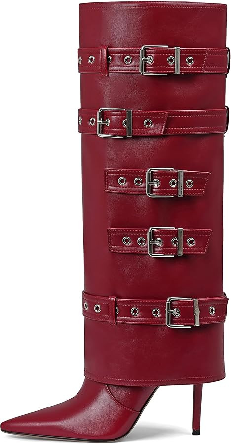 Grakihily Knee High Boots Women Fold Over Tall Boots Leather Long Buckle Slouchy Shark Boot Point... | Amazon (US)