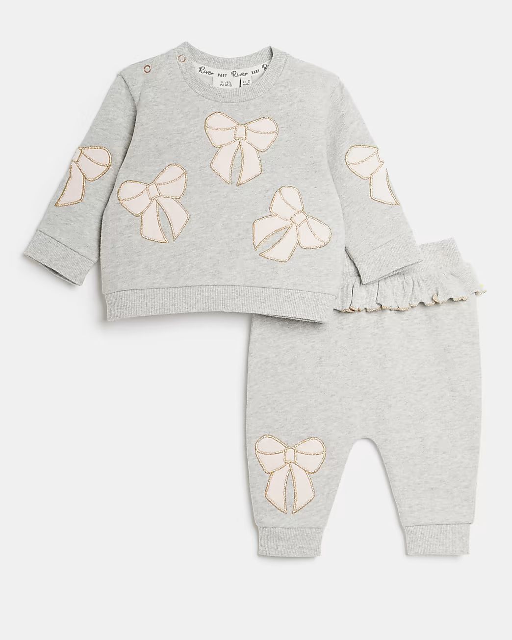 River Island Baby girls grey velour bow sweatshirt outfit | River Island (US)