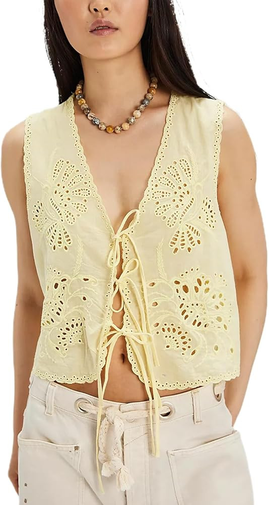 Women Tie Front Vest Floral Eyelet Embroidered Tank Y2K Sleeveless V Neck Crop Shirt Top Cute Goi... | Amazon (US)