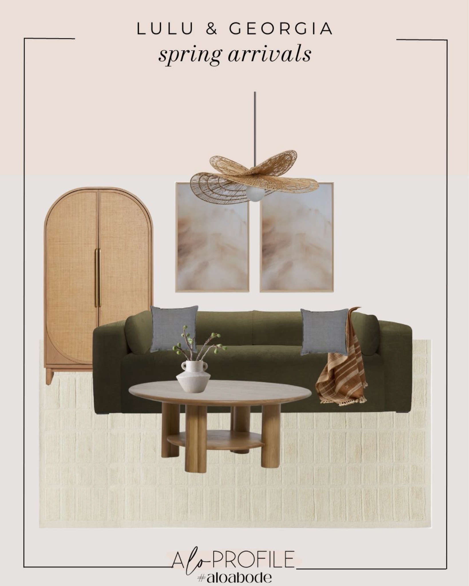 Lulu and Georgia // home decor, spring line, new furniture, olive sofa, cane storage cabient, neutral wall art, neutral family room, wood coffee table, round coffee table, woven light fixture, neutral rug, burnt orange throw blanket, blue throw pillows, ceramic vase, family room decor, family room furniture, lulu and georgia decor

#LTKhome