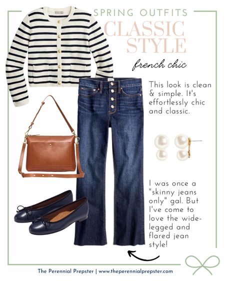 Classic style, French-inspired look. | Striped button up sweater, wide legged, flare jeans, navy blue leather flats, double pearl earrings, preppy style, mom style, timeless style | 

#LTKFind #LTKSeasonal #LTKstyletip