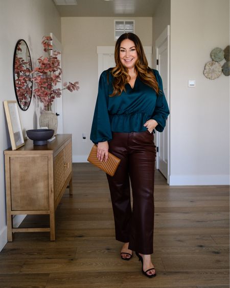 Fall outfit with brown faux leather pants and jewel tone peplum blouse from @express 

Fit Tips: blouse tts, L // pants size up if in-between 14 short // shoes tts 

#expresspartner #expressyou Fall outfits, faux leather, faux leather pants, faux leather dress, event outfits, fall, brown faux leather pants, size 12 , size 14 

#LTKSeasonal #LTKfindsunder100 #LTKmidsize