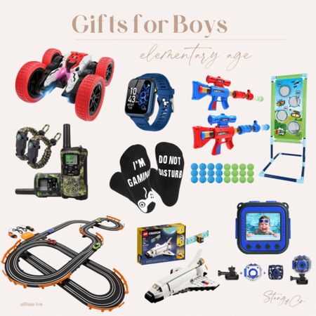 This gift guide for elementary-aged boys includes a remote control car, smart watch, a foam ball shooter game, walkie talkies, gaming socks, race track, Lego set, and a waterproof video camera. 

Gifts for kids, gifts for boys, Christmas gift ideas, gift guide

#LTKGiftGuide #LTKkids #LTKHoliday