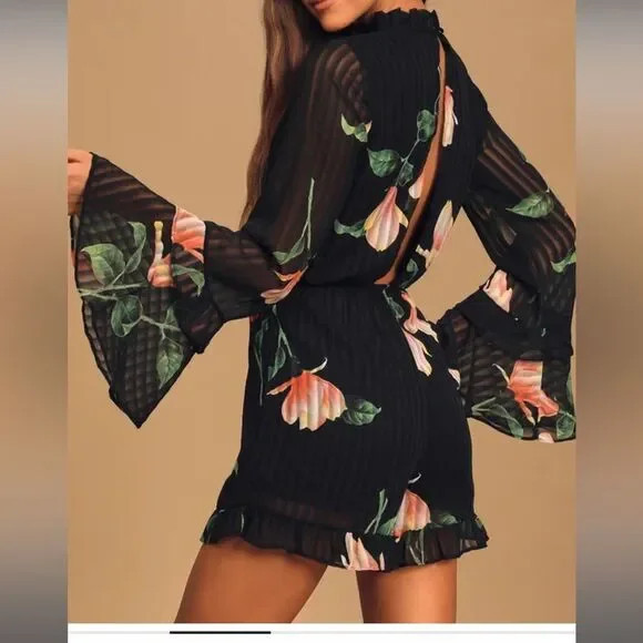 Lulus Talking Sweet Black Floral Print Long Sleeve Cutout Romper | Poshmark