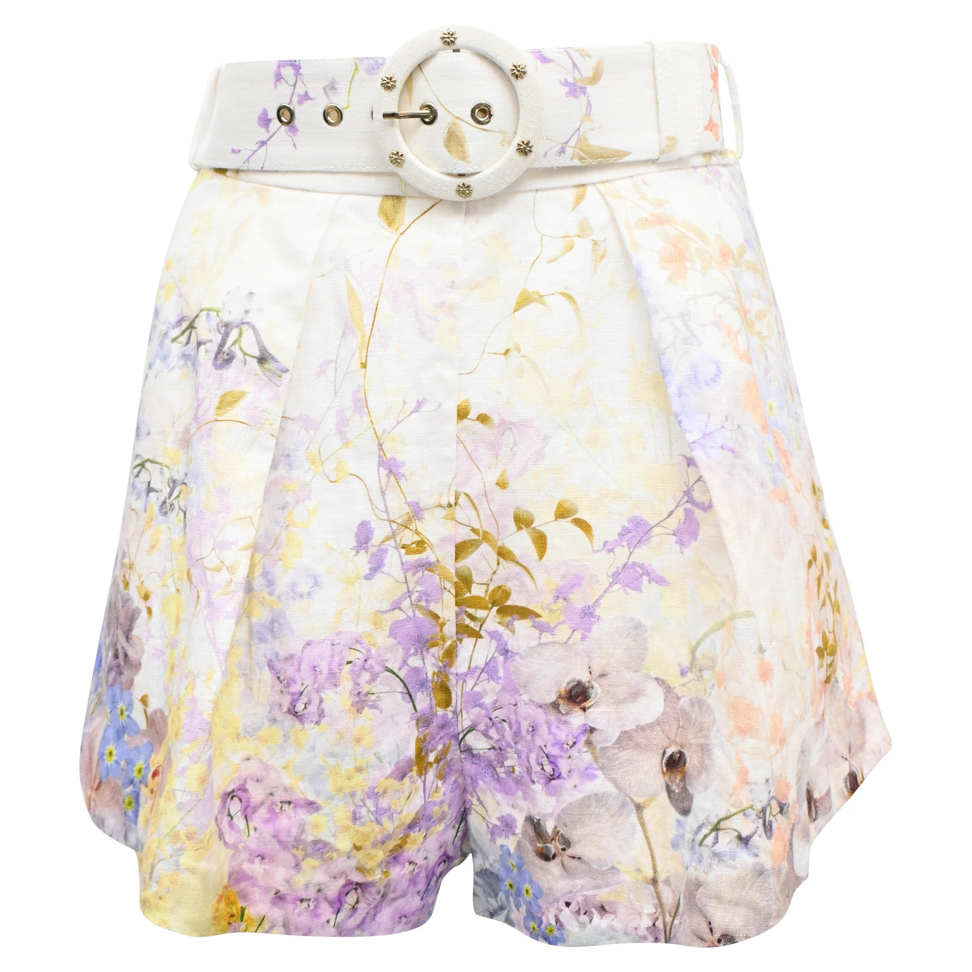 Zimmermann Rhythmic Floral-Print Belted Shorts in Multicolor Linen | Shop Simon
