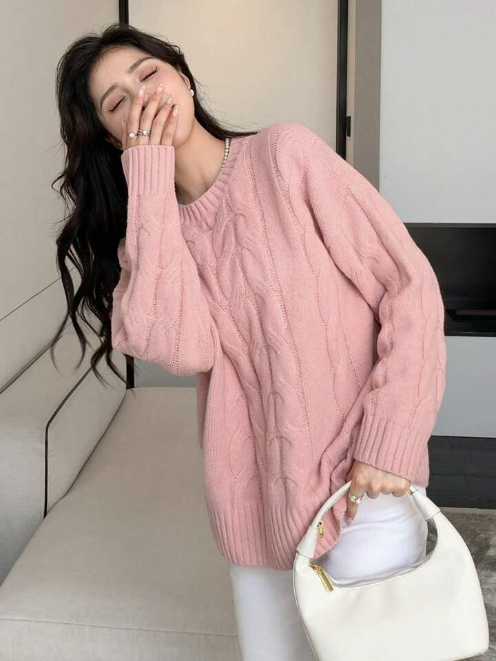 DAZY Solid Cable Knit Drop Shoulder Sweater | SHEIN
