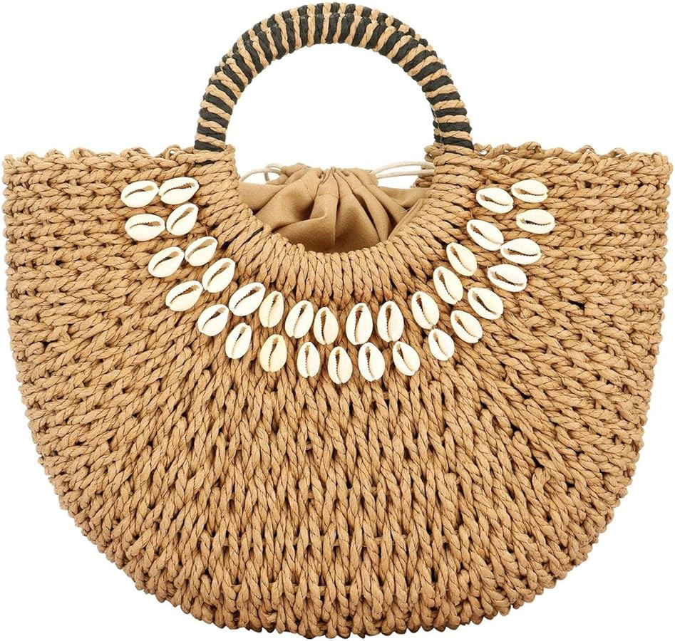 Woven Top Handle Bag Medium Tote Bag Shell Clutch Purse Beach Bags for Women | Amazon (US)