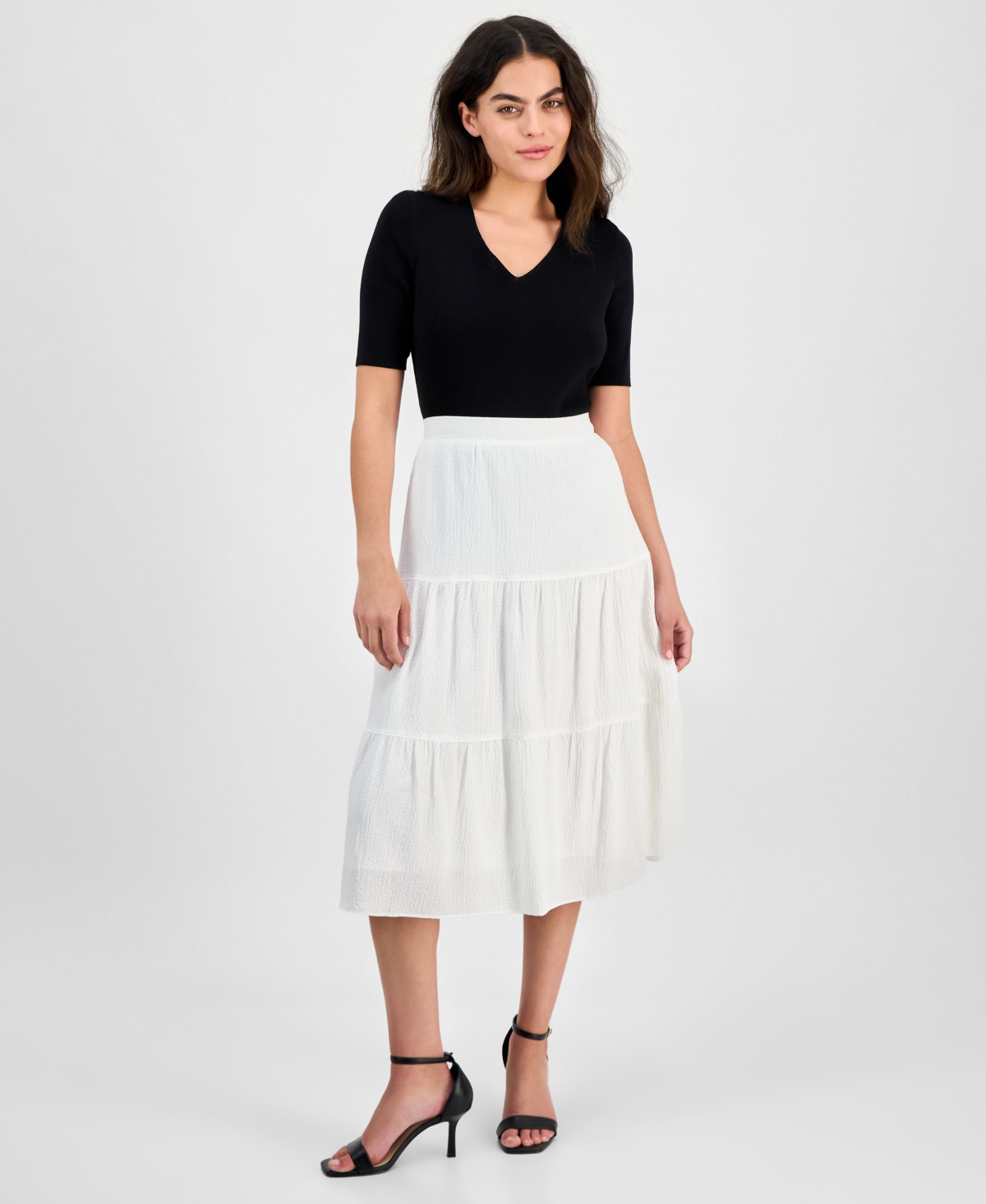 Ak Anne Klein Petite Textured Three-Tiered Pull-On Midi Skirt - Bright White | Macy's