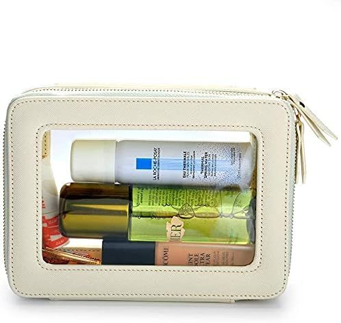 Clear Makeup Bag, Leather Cosmetic Organizer Case with Around Zipper, Transparent Storage Case fo... | Amazon (US)