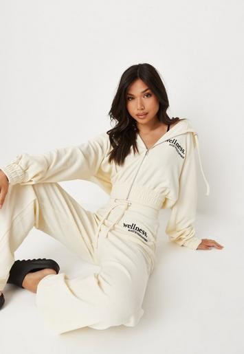 Cream Co Ord Waffle Embroidery Zip Through Crop Hoodie | Missguided (US & CA)