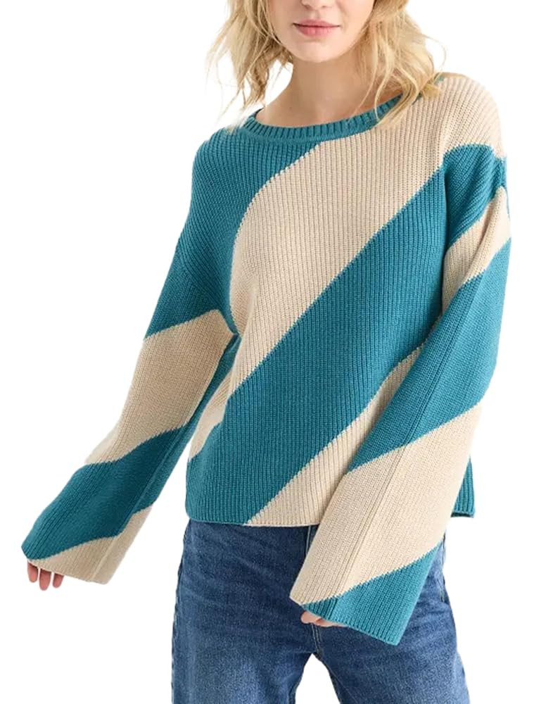 Tanming Womens Wide Striped Sweater Color Block Loose Trend Crew Neck Long Sleeve Knit Jumper Swe... | Amazon (US)