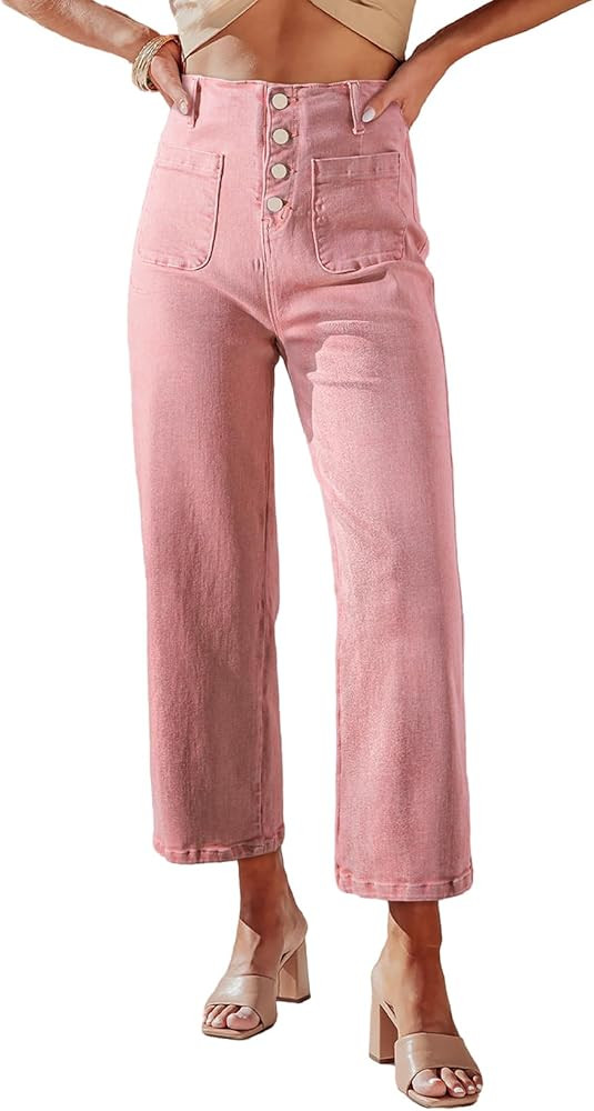 sidefeel Women's Wide Leg Jeans High Waisted Zimbaplatinum Stretchy Straight Leg Jeans Buttoned L... | Amazon (US)