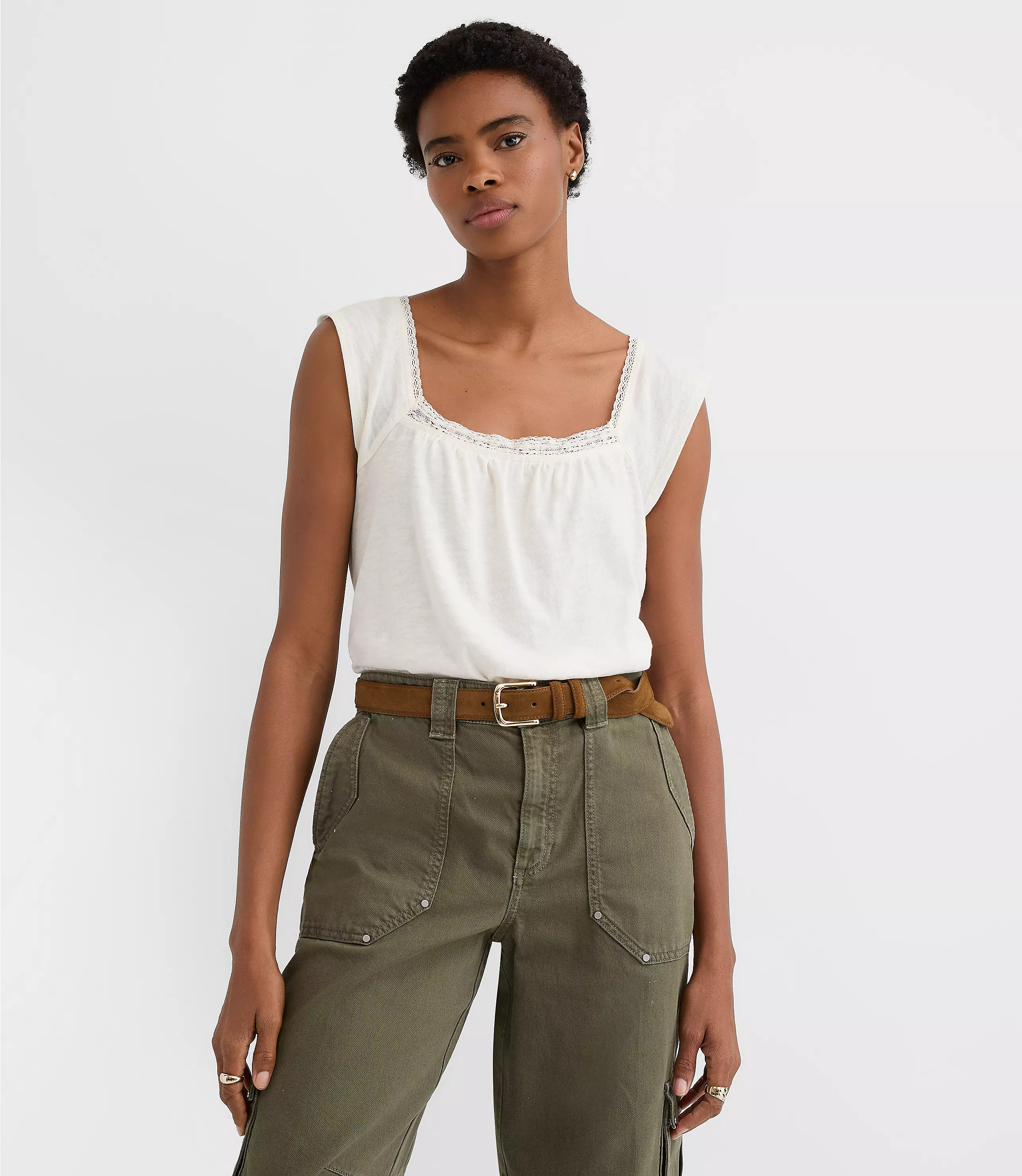 Lace Trim Square Neck Top | LOFT