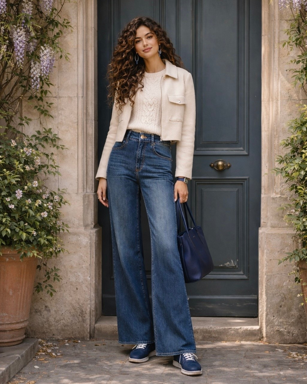 Cream cable knit sweater styled with dark blue wide-leg jeans, a light beige jacket, navy sneakers, a navy leather tote bag, navy earrings, and a navy watch. An effortless navy and ivory early spring outfit that feels polished and easy to wear.
#navystyle #springoutfit #casualchic

#LTKootd #LTKOver40 #LTKSeasonal