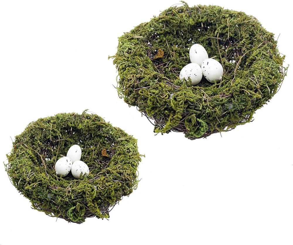 Hykouda Bird Nest Decoration with Moss and Easter Eggs,2PCS Rattan Natural Twig Artificial Craft ... | Amazon (US)