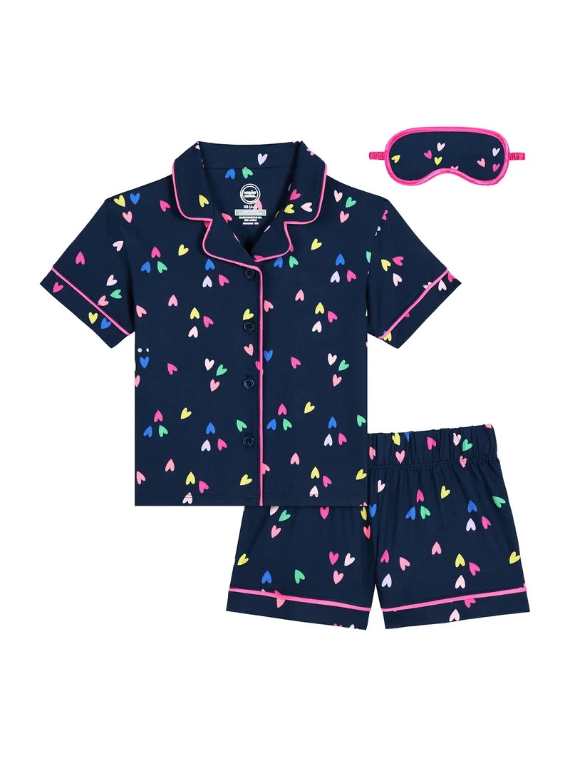 Wonder Nation Girls Short Sleeve Button Front Pajama Top and Shorts Set with Eyemask, 3-Piece, Si... | Walmart (US)