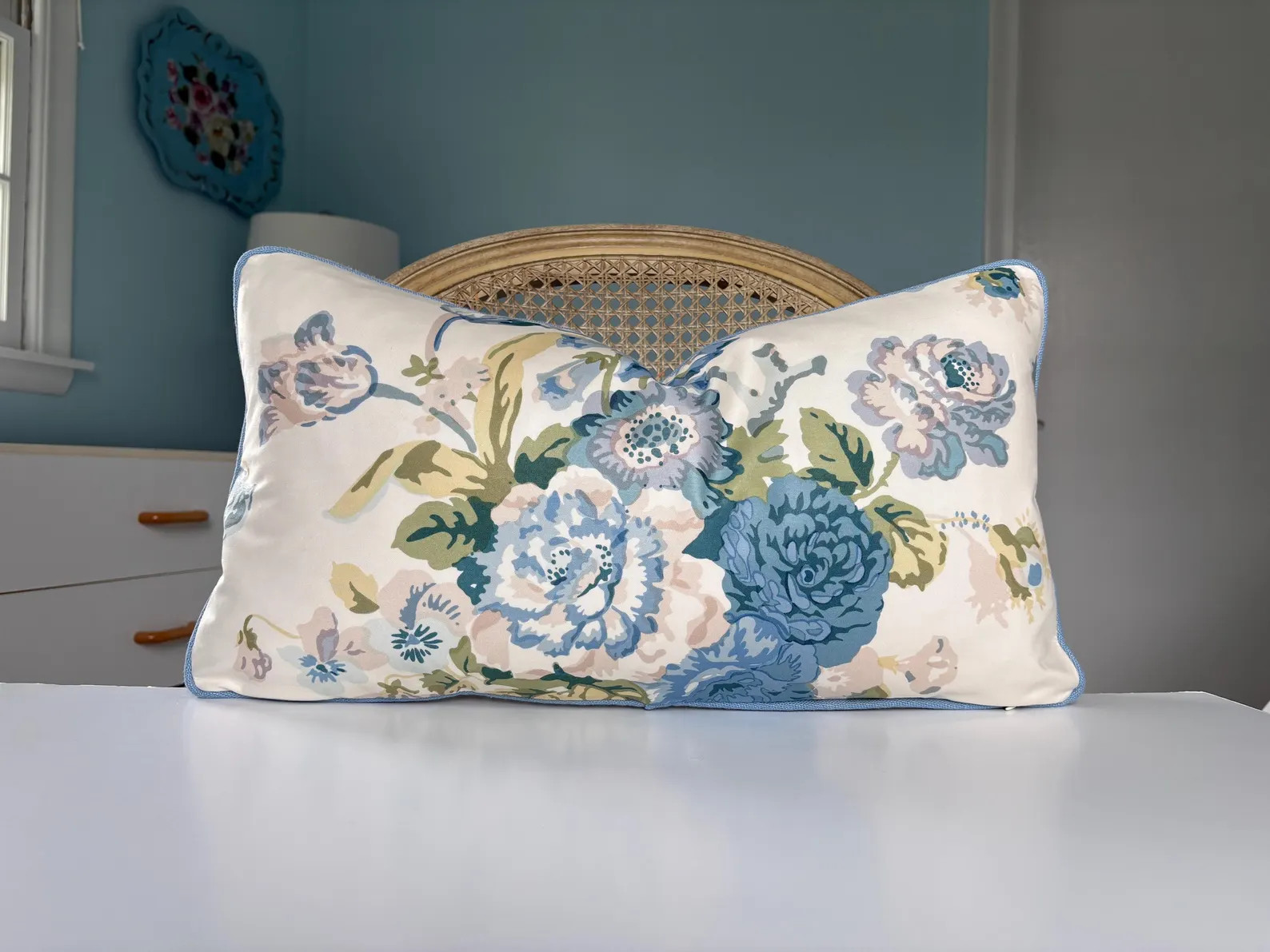 Lee Jofa “Grenville” in blue and green one sided lumbar pillow. | Etsy (Global)