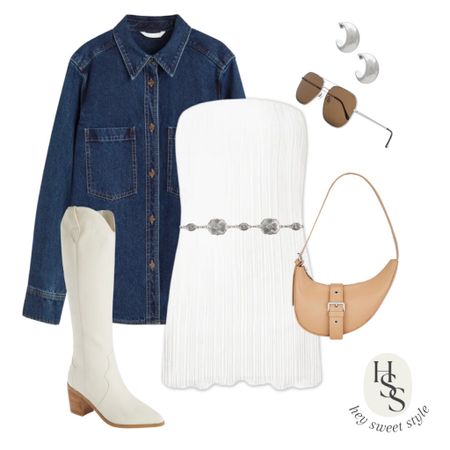 Fall Nashville Outfit: Denim button-down with white strapless dress, chain belt, & white cowgirl boots 🍂🤍

#LTKSeasonal #LTKunder100 #LTKstyletip