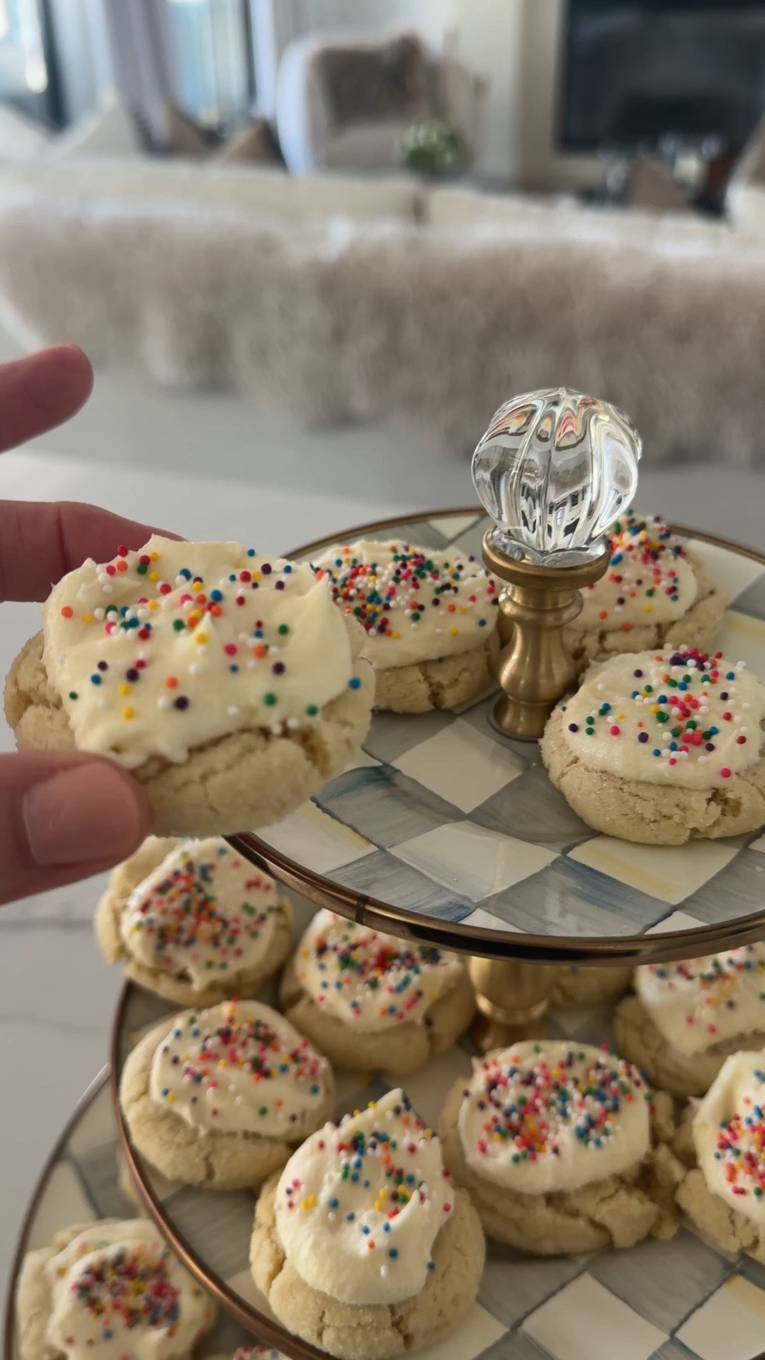 Easy Frosted Sugar Cookies
Ingredients:
* 2 3/4 cups flour
* 1/2 tsp baking soda
* 1/2 tsp cream of tartar
* 1/2 tsp salt
* 1/2 cup (1 stick) unsalted butter, softened (at room temp)
* 1/2 cup canola or vegetable oil
* 3/4 cup granulated sugar, divided
* 1/2 cup powdered sugar
* 1 egg
* 1 tsp vanilla extract 
* 1/2 tsp almond extract
* Cooking spray 
Make the cookies:
1. preheat oven to 350°- line baking sheet with parchment paper
2. Whisk flour, baking soda, cream of Tartar, and salt
3. Use an electric mixer to combine butter, oil, 1/2 cup  of the granulated sugar, and the powdered sugar until smooth. Add the egg, vanilla extract, and almond extract. Add the dry ingredients and mix on low.
4. Roll the dough in to 24 balls. About 2 T. Per cookie, arrange about 2” apart on cookie sheet. About 12 will fit on a sheet.
5. Pour the remaining 1/4 cup of granulated sugar on a plate. Spray the bottom of a drinking glass with nonstick cooking spray. Press the bottom is the glass into the sugar. Press the sugared bottom of glass on top of each cookie dough ball and press down gently. 
6. Bake cookies for 8 minutes. Cookies won’t look completely done, but they will continue to set up as they cool. Let them cool completely before transferring them.
Frosting Recipe
Ingredients:
* 3/4 cups (1 1/2 sticks unsalted butter) at room temperature 
* 3 cups powdered sugar, sifted
* 3 Tablespoons heavy cream or milk
* 1 1/2 tsp. Vanilla extract 
* 3/4 tsp. Almond extract
* Sprinkles
Make the frosting:
1. In a large bowl, use a mixer to beat the butter until smooth.
2. Add the powdered sugar and mix until combined
3. Stream in the cream, vanilla extract, and almond extract 
4. Beat until smooth
5. If too thick, add cream. If too thin, add powdered sugar.
6. Use a butter knife to spread on cookies
7. Add sprinkles to decorate


Comment SHOP below to receive a DM with the link to this post on my LTK ⬇ https://liketk.it/4Hd5m #ltkhome

#LTKOver40 #LTKSeasonal