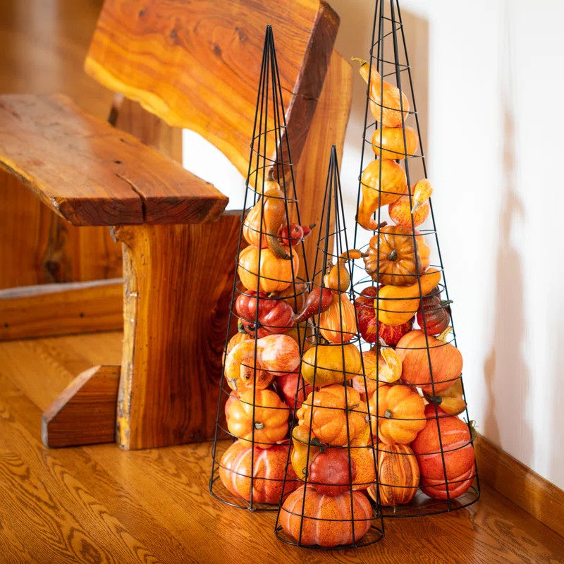 3 Piece Metal Topiary with Artificial Pumpkins Decorative Accent Set | Wayfair North America