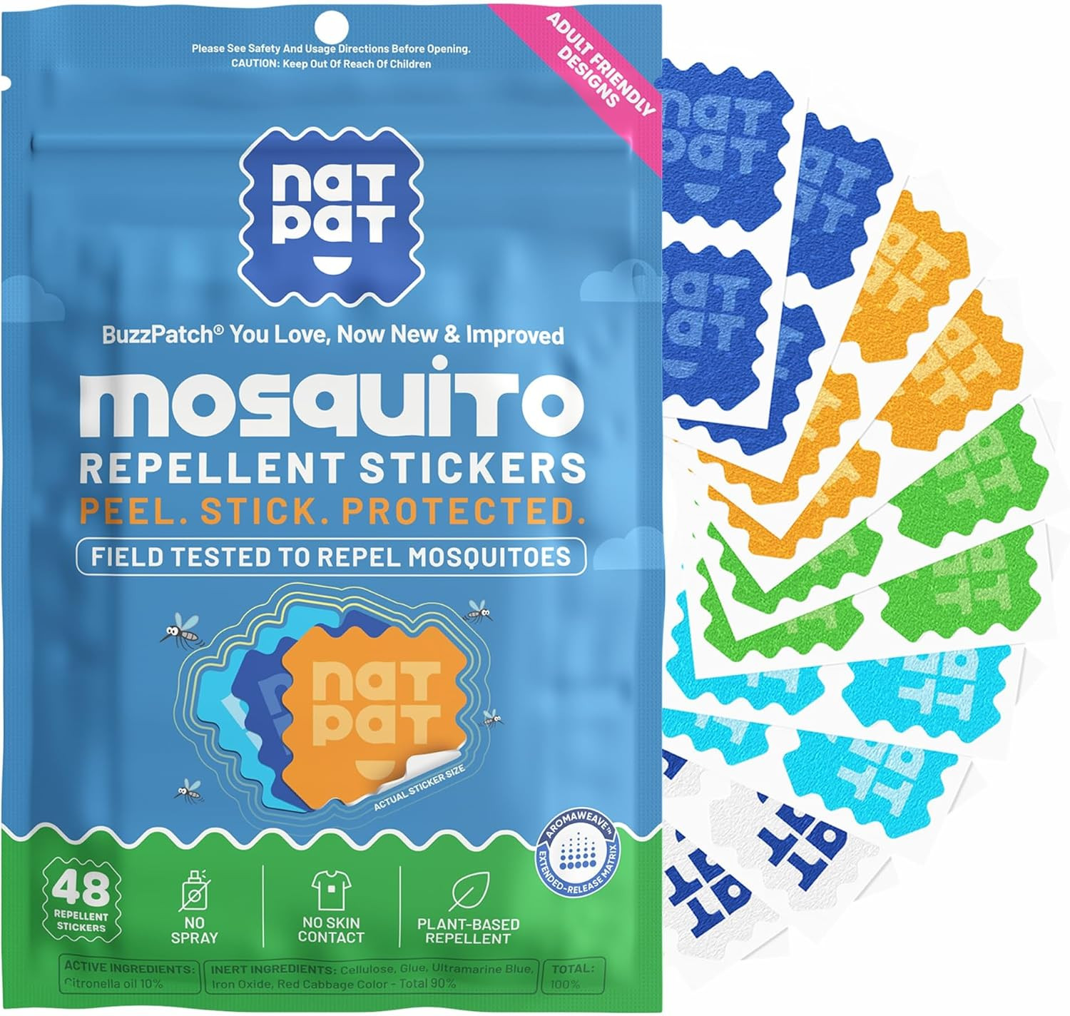 NATPAT BuzzPatch Mosquito Patches for Adults - Plant-Based Mosquito Patches, Non Toxic - The Original All Natural Citronella Essential Oil Insect Patch(40 Pack) | Amazon (US)